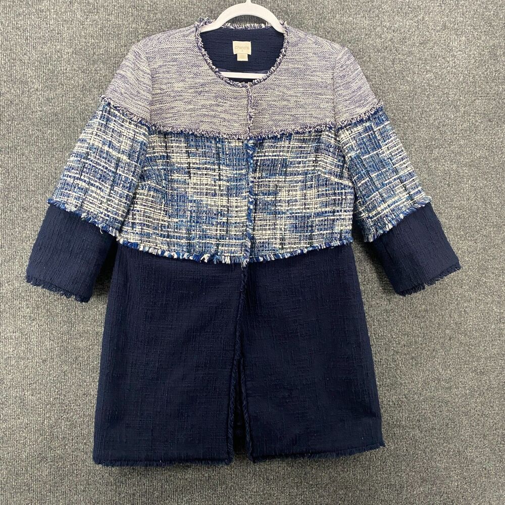 Chicos Jacket 0‎ Womens S Blue Tweed Snap On Fringe Long Career Ladies Preppy